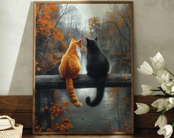 黒猫の水彩画：オレンジ色の部屋の寮の装飾（デジタルダウンロード