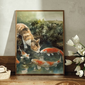 Glückskatze und Koi Fisch DIGITAL DOWNLOAD, Katze PRINTABLE Wandkunst