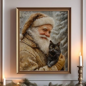 Santa Claus with Black Cat in Forest Christmas Poster, Xmas Cat Wall Art, Festive Holiday Home Decor, Farmhouse Holiday Decor