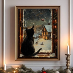 Black Cat Watching Santa Claus Christmas Poster, Xmas Cat Christmas Wall Art, Festive Holiday Home Decor, UNFRAMED