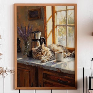 Tabby Cat Coffee Bar Poster, Kitchen Cat Art, Cat Lover Home Decor, Fluffy Cat Print, UNFRAMED