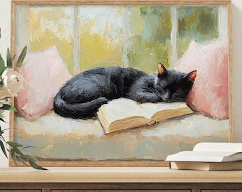 Black Cat Sleeping with Books Poster, Bookish Wall Art, Cat Lover Gift Print, Book Lover Home Decor, UNFRAMED