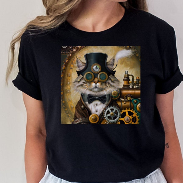 Steampunk Katze T-shirt, Steampunk Katze Shirt, Steampunk T-Shirt für Katzenliebhaber, Katze Zug Tshirt, Katze Papa T-Shirt Geschenk, Steam Punk Katze Papa Shirt