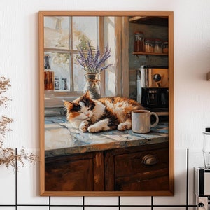 Calico Cat Coffee Bar Poster, Kitchen Cat Art, Cat Lover Home Decor, Calico Cat Print, UNFRAMED