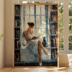 Woman Reading with Her Cat Poster, Romantic Book Nook Aesthetic Print, Feminine Home Decor, Book Lover Gift Wall Art, Cat Mom Gift