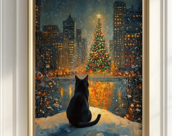 May include: A framed painting shows a black cat looking at a Christmas tree in a city at night. The tree is adorned with colorful lights, and the city skyline is lit up. Gentle snowfall adds to the festive winter scene.