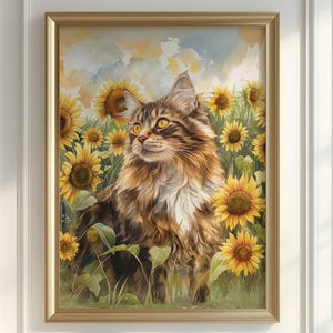 Maine Coon Cat in Sunflowers Poster, Pretty Floral Feline Wall Art, Farmhouse Home Decor, Cat Lover Gift, UNFRAMED