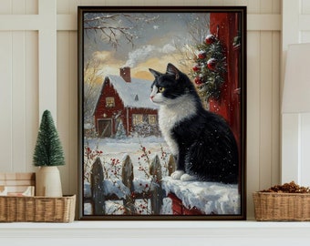 May include: A cozy living room scene featuring a white sofa adorned with red and plaid pillows. A framed painting of a black and white cat in a snowy landscape sits above the fireplace. A decorated Christmas tree adds to the festive atmosphere.