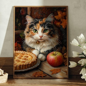 Póster de Acción de Gracias con gato calicó y pastel de manzana, decoración del hogar de otoño, impresión artística de otoño, regalo de arte de pared para amantes de los gatos grises
