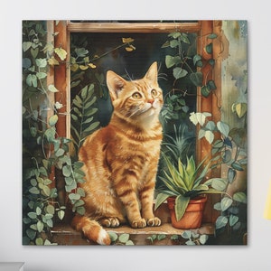 Ginger Tabby Cat Garden Window Wall Art, Cat Mom Gift Art, Cat Art, Orange Kitty Floral Print, Tabby Cat and Plants Home Decor