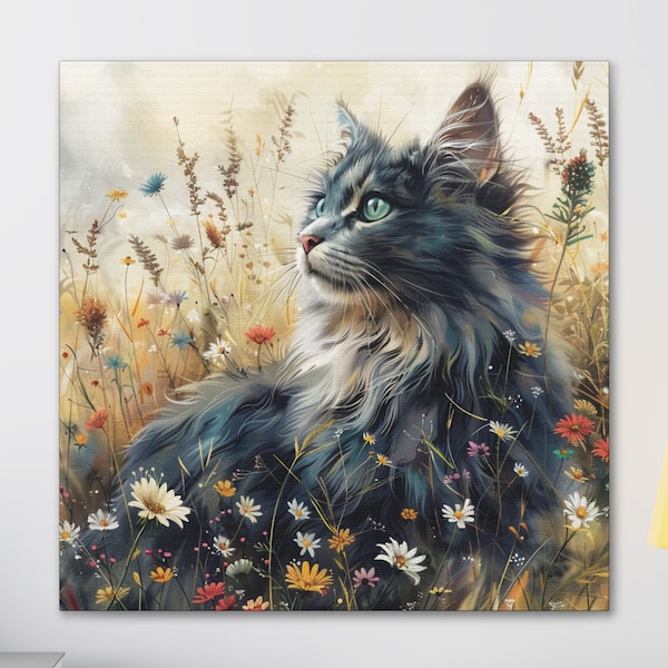 Gray Cat Wildflower Canvas Wall Art, Cat Mom Gift Art, Cute Kitty Wall Decor, Cat Lover Home Decor, Animal Wall Decor