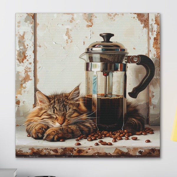 Tabby Cat and French Press Canvas Wall Art, Cat Mom Gift Art, Cute Kitty Wall Decor, Tabby Cat and Coffee Home Decor