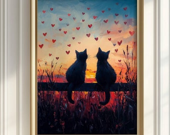 Cat Sunset Valentine's Day Poster, Valentine Cat Lover Gift, Couple's Wall Art, Cute Kitty Couple Print, UNFRAMED