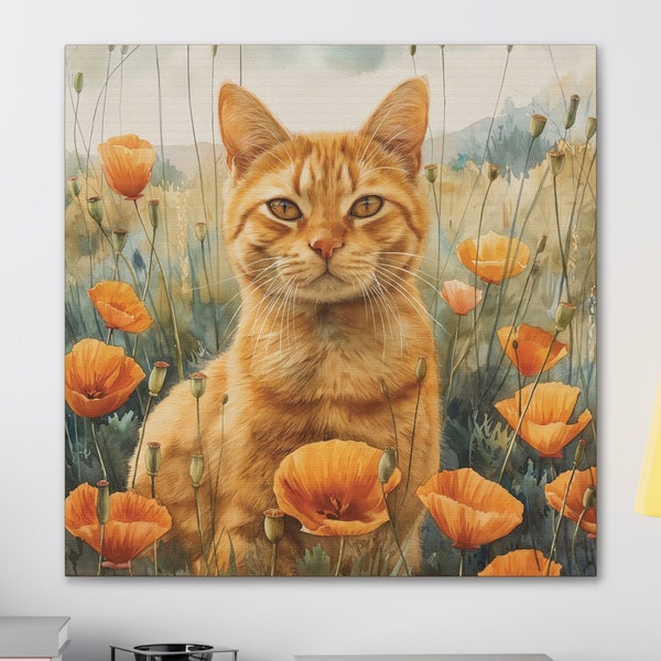 Ginger Cat in Poppies Canvas Wall Art, Cat Mom Gift Art, Cute Kitty Wall Decor, Orange Tabby Cat Art