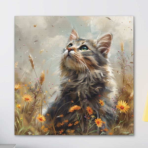 Tabby Cat Wildflower Canvas Wall Art, Cat Mom Gift Art, Cute Kitty Wall Decor, Cat Lover Home Decor, Animal Wall Decor