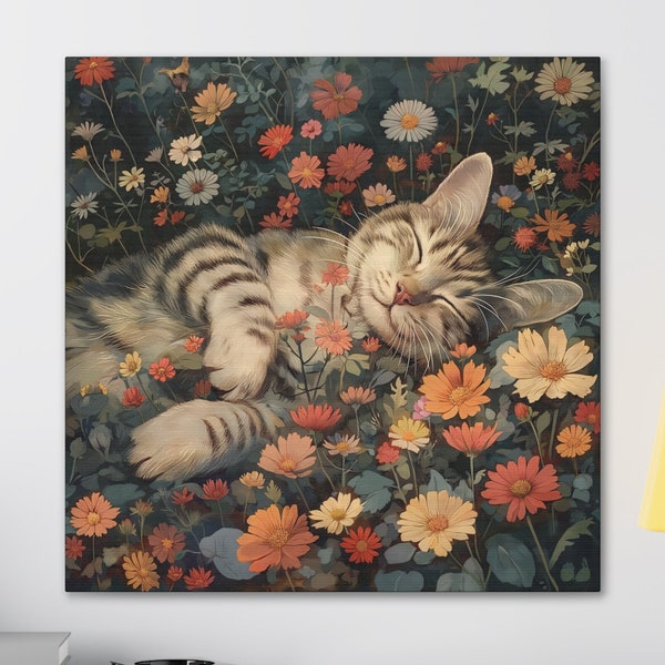 Tabby Cat in Wildflowers Canvas Wall Art, Cat Mom Gift Art, Cute Kitty Wall Decor, Cat Aesthetic