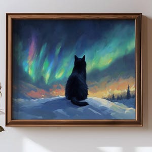 Schwarze Katze und Aurora Borealis Poster, Natur Wandkunst, verträumtes Wohnkultur, Katzenliebhaber Geschenk, UNGERAHMT