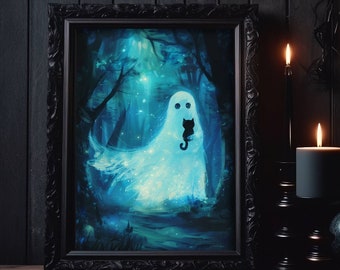 Ghost and Cat DIGITAL DOWNLOAD, Cat PRINTABLE Wall Art