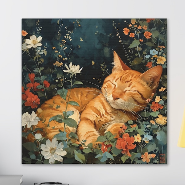 Ginger Cat Wildflowers Canvas Wall Art, Cat Mom Gift Art, Cute Kitty Wall Decor, Orange Cat Art