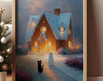 Weihnachtsposter Schwarze Katze und Geist Lebkuchenhaus, UNGERAHMT