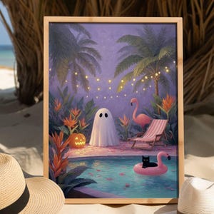 Ghost and Black Cat Pool Party Poster, Summerween Wall Art, Whimsigoth Print, Spooky Cute Decor, UNFRAMED