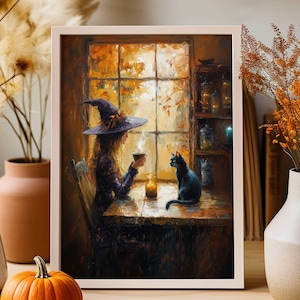 Witch and Black Cat Morning Coffee Poster, Halloween Kitchen Print, Witchy Wall Art, Whimsigoth Home Decor, UNFRAMED