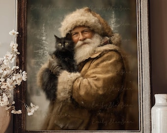 Santa Claus and Black Cat in Winter Forest Christmas Wall Art Poster, UNFRAMED