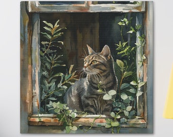 Tabby Cat Garden Window Wall Art, Cat Mom Gift Art, Cat Art, Grey Kitty Floral Print, Tabby Cat and Plants Home Decor