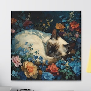 Siamese Cat Wildflowers Canvas Wall Art, Cat Mom Gift Art, Cute Kitty Wall Decor, Siamese Cat Art