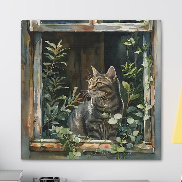 Tabby Cat Garden Window Wall Art, Cat Mom Gift Art, Cat Art, Grey Kitty Floral Print, Tabby Cat and Plants Home Decor