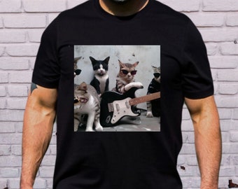 Cat Rocker T Shirt, Cat Rock Band Shirt, Cat Guitar Tshirt, Cat Band Tee, Gift Shirt for Cat Lover, Cool Cat Dad T-Shirt