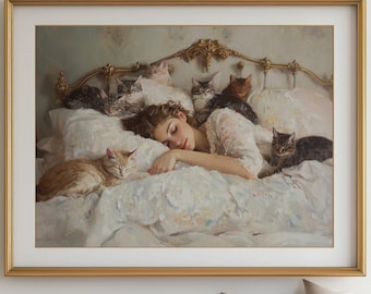 Woman Napping with Her Cats Poster, Cat Mom Wall Art, Lady and Cat print, Cat Lover Gift Print, UNFRAMED