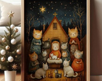 Folk Art Cat Nativity Scene Christmas Poster, Whimsical Holiday Cat Wall Art, Xmas Cat Lover Home Decor, UNFRAMED