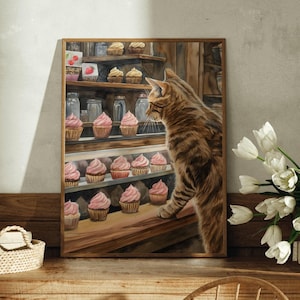 Tabby Cat in Cupcake Shop Poster, Cute Bakery Kitchen Wall Art, Cat Lover Home Decor Gift, Baker Gift Print, Baking Lover Art, UNFRAMED