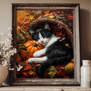 Póster de Acción de Gracias de Tuxedo Cat, arte de pared de gato y cornucopia, decoración del hogar de otoño, impresión artística de otoño, SIN MARCO
