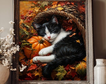 Tuxedo Cat Thanksgiving Poster, Cat and Cornucopia Wall Art, Fall