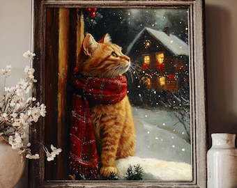 Ginger Cat Christmas Poster, Xmas Cat Christmas Wall Art, Festive Holiday Home Decor, Orange Cat Lover Gift, UNFRAMED