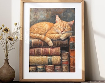 Ginger Cat Sleeping on Books poster, Orange Cat Lover Art, Light Academia Home Decor, boekenwurm kunst aan de muur, grillige kat print, INGELIJSTE