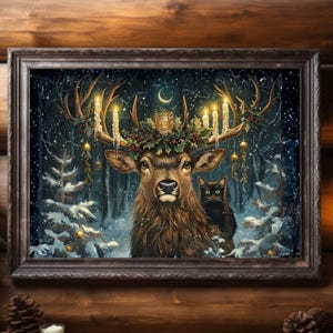 May include: A framed art print featuring a majestic deer with candle-lit antlers, a wreath, and a black cat in a snowy forest scene. The artwork is set against a dark, wintery backdrop, evoking a festive holiday atmosphere.