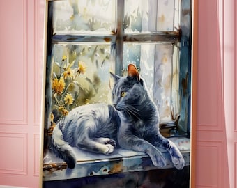 Russian Blue Cat in Window Poster, UNFRAMED
