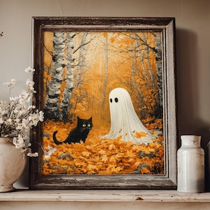 Póster de fantasma y gato en hojas de otoño, arte de Halloween de fantasmas lindos y espeluznantes, impresión de gato negro, decoración de otoño de Whimsigoth, SIN MARCO