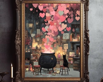 Love Potion Black Cat Wall Art | Romantic Witch Decor | Cozy Magical Valentine Bedroom Art | Whimsical Cat Lover Gift Print, UNFRAMED