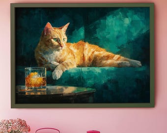 Orange Tabby Cat with Cocktail Poster, Stylish Oil Painting Wall Art, Lounge Cat Print, Sophisticated Home Bar Decor, UNFRAMED