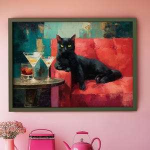 Happy Hour Black Cat Poster, Cocktail Poster, Stylish Oil Painting Wall Art, Lounge Cat Print, Sophisticated Home Bar Decor, UNFRAMED