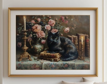 Black Cat and Books Poster, Dark Academia Print, Book Lover Gift Art, Black Cat Wall Art, Floral Cat Art, UNFRAMED