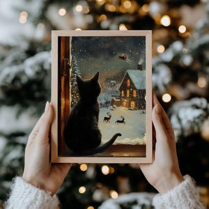 Black Cat Christmas DIGITAL DOWNLOAD, Cat PRINTABLE Wall Art