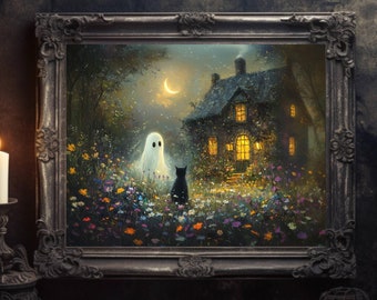 May include: A framed painting of a spooky house with a ghost and a black cat in a field of flowers. The painting is in a dark room with candles on either side.