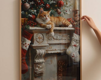 May include: A ginger cat sits on a white marble fireplace mantel decorated with Christmas ornaments and stockings. The cat is looking at the viewer with a curious expression.