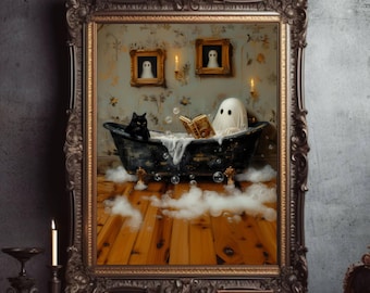 May include: A framed illustration of a ghost taking a bath with a black cat in a vintage clawfoot tub. The ghost is reading a book and there are bubbles in the water. The illustration is set in a room with a floral wallpaper and candles.