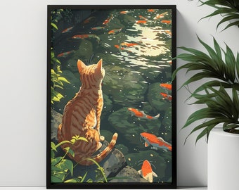 May include: A digital download of a framed print featuring a ginger cat sitting by a pond with orange and white fish swimming in the water. The cat is looking at the fish and the pond is surrounded by green foliage.
